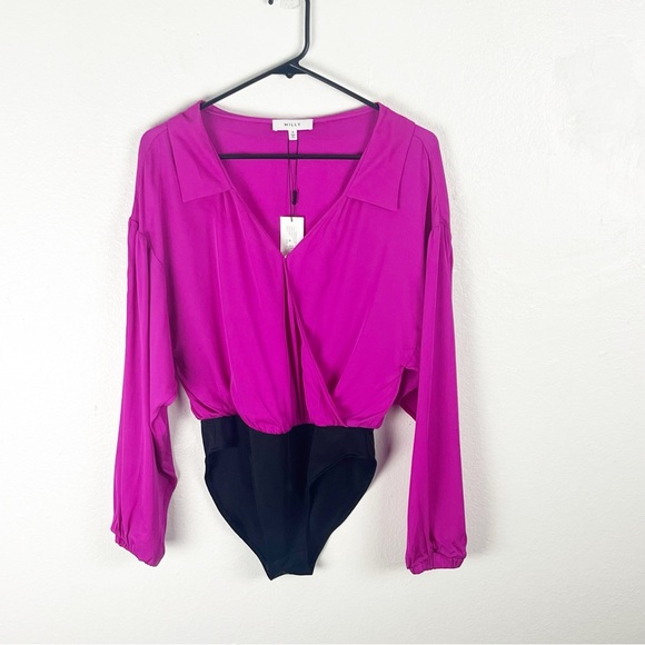 MILLY Magenta Silk Blend Drop Shoulder Long Sleeves Wrap Bodysuit, Size Small - Picture 1 of 12